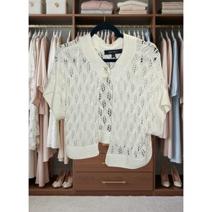 Nine West Open Knit Shrug Cardigan Women's Ivory Pointelle Short Sleeve